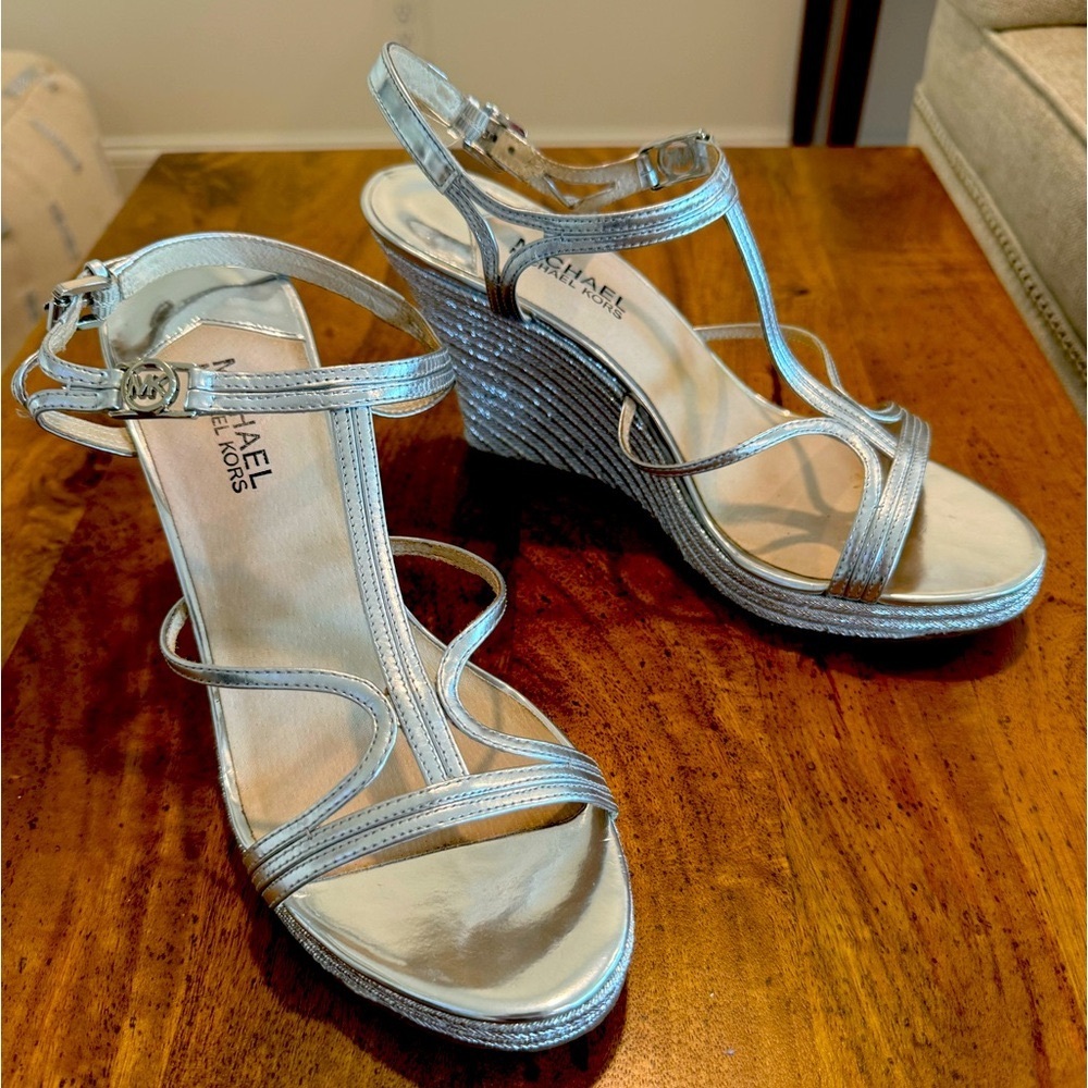 Michael Kors Cicely Metallic Silver Wedge Sandals - 9.5